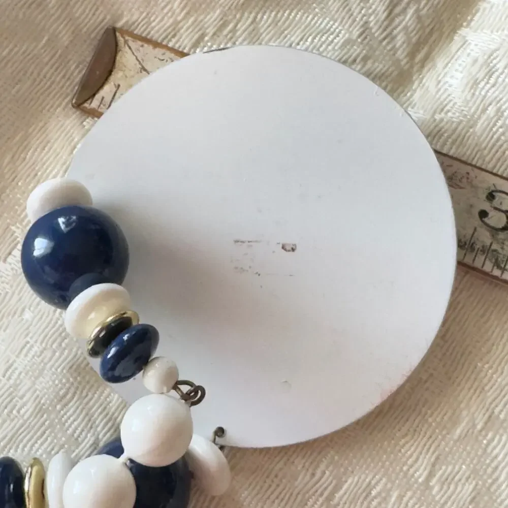 Vintage 1970s Bauhaus Abstract Enamel Pendant Red White & Blue Beaded Necklace